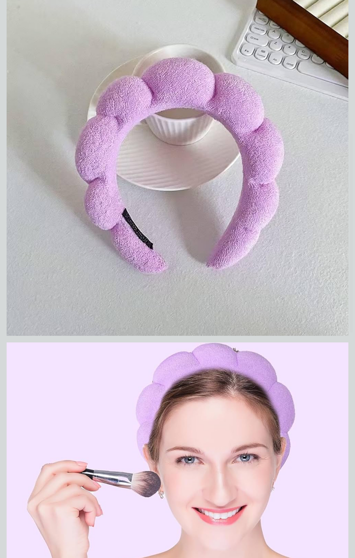 Stretchable purple and pink skincare headband for beauty routines